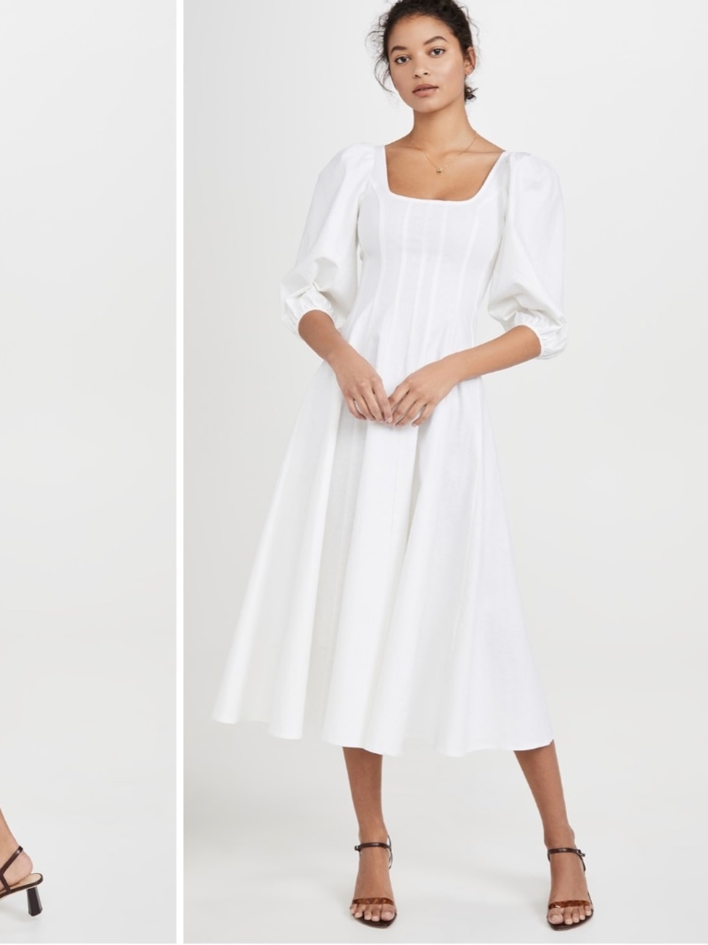 STAUD Swells White Square-Neck Puff-Sleeve Midi Dress